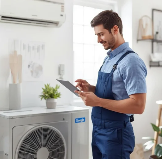 Technician in HVAC uniform reviewing local SEO data on a digital device at a worksite