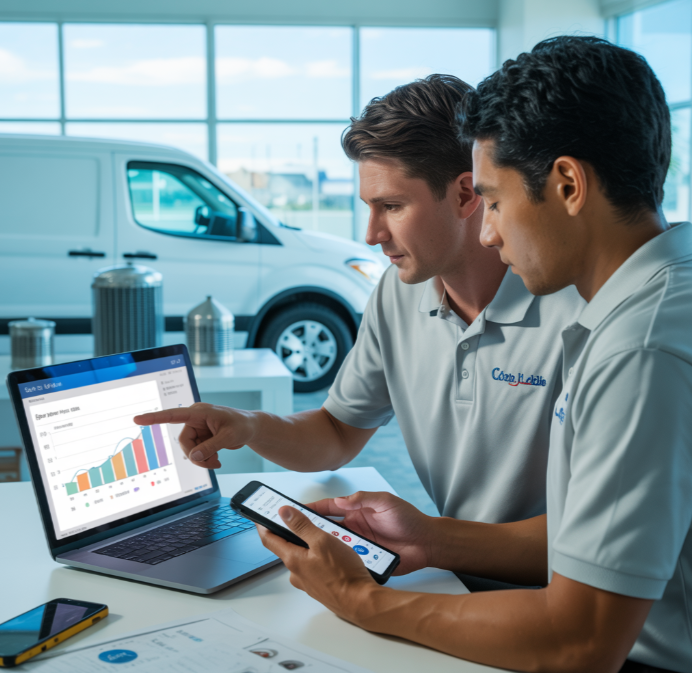 HVAC technicians looking at fixed price SEO on a tablet